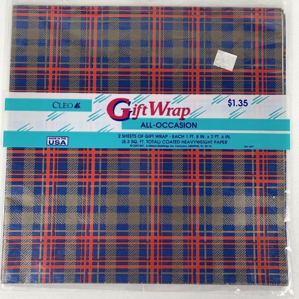Vintage Cleo Plaid All Occasion Gift Wrap Sheets Two 20 x 30 Inch Wrapping Paper
